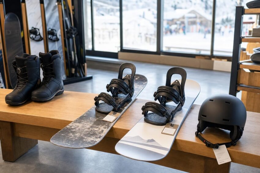 Dwie deski snowboardowe obok siebie na ławce w jasnym punkcie wypożyczeń.