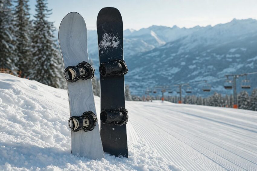 Dwie deski snowboardowe stojące w śniegu przy stoku, w tle rozmyty górski krajobraz.
