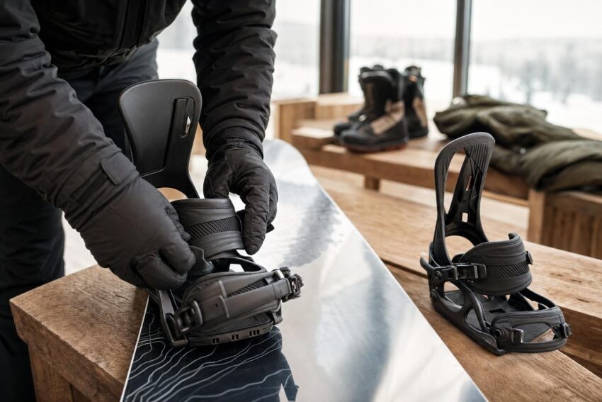 Osoba reguluje wiązania snowboardowe przy desce w jasnym wnętrzu.