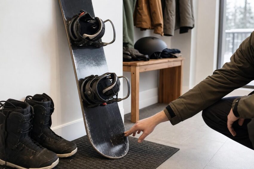 Osoba ogląda używany snowboard stojący przy ścianie, obok leżą buty snowboardowe.