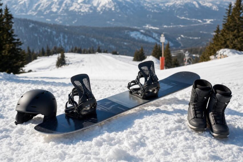 Deska snowboardowa z wiązaniami i butami na śniegu przy łagodnym stoku.