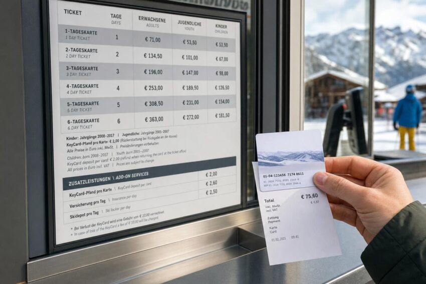 Zbliżenie na skipass, paragon i cennik w kasie ośrodka narciarskiego w Austrii.