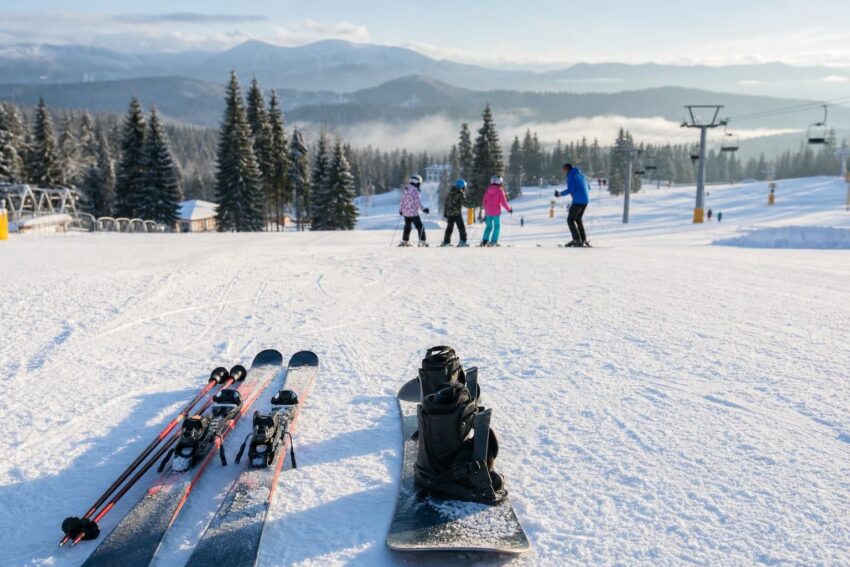 Narty i snowboard obok siebie na śniegu przy łagodnym stoku dla początkujących.