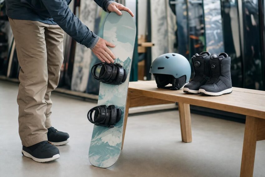 Dziecięcy snowboard, buty i kask w sklepie, osoba sprawdza wiązania przy zakupie
