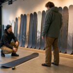 Deski snowboardowe i buty w sklepie, ujęcie pokazujące porównanie długości sprzętu